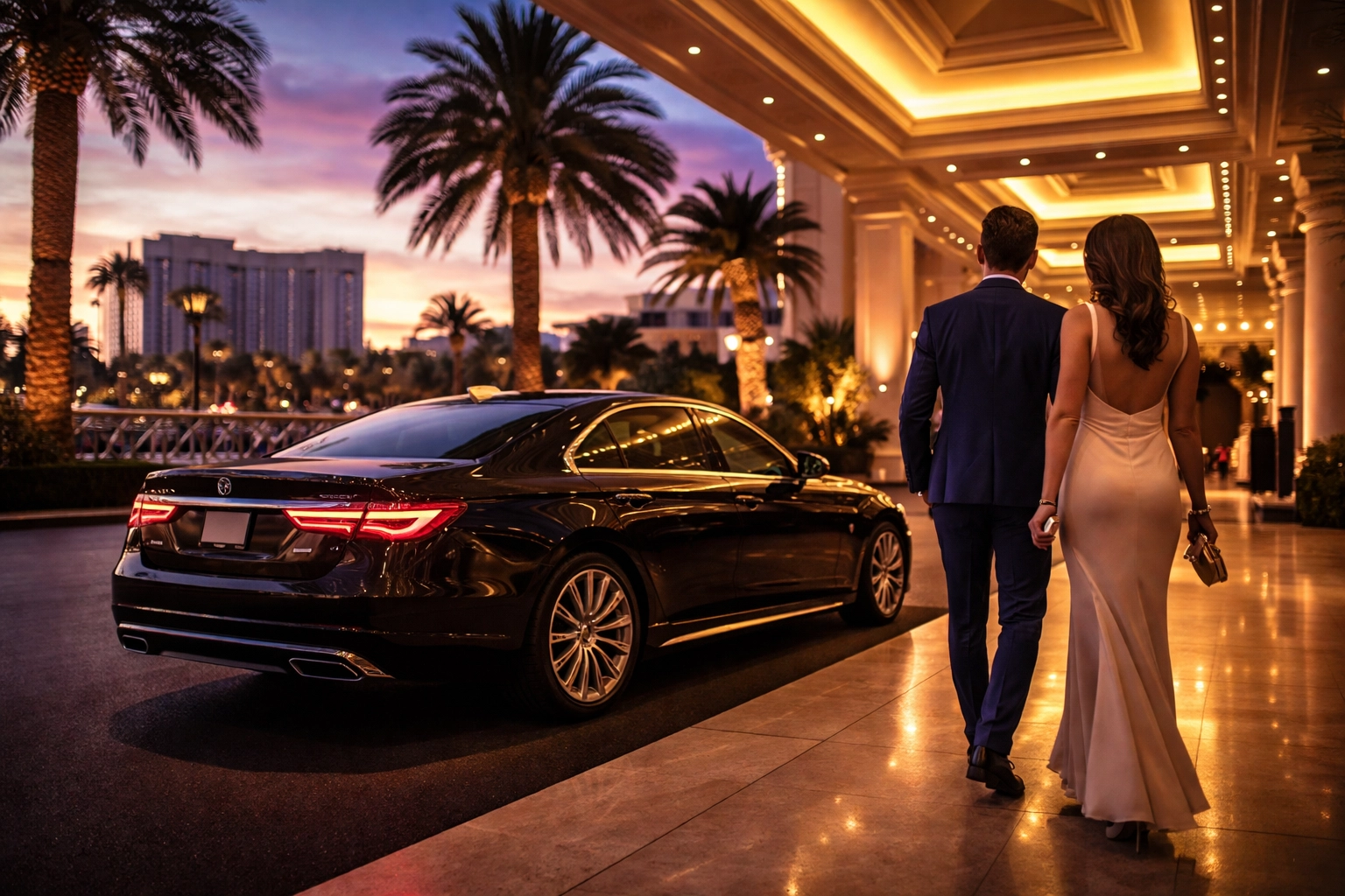 A luxury sedan awaits a well-dressed couple for private hotel pickup in Las Vegas, showcasing VIP concierge travel service.