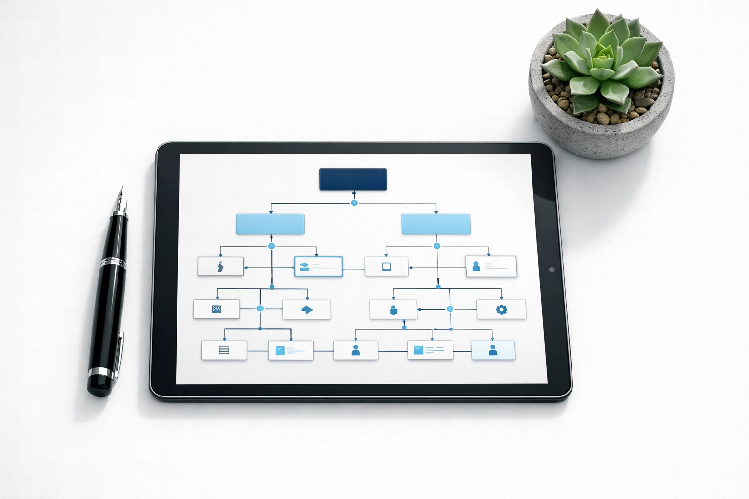 Digital organizational chart on a tablet used for company due diligence in Vietnam and shareholder mapping.
