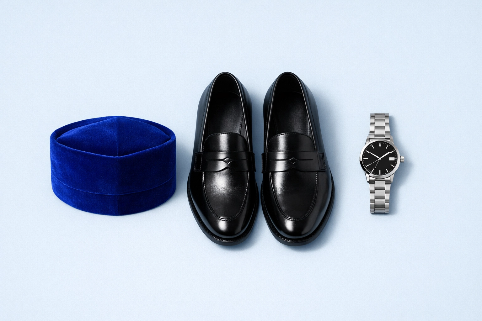 Men's traditional accessories including a royal blue Fila cap, leather loafers, and a modern wristwatch.