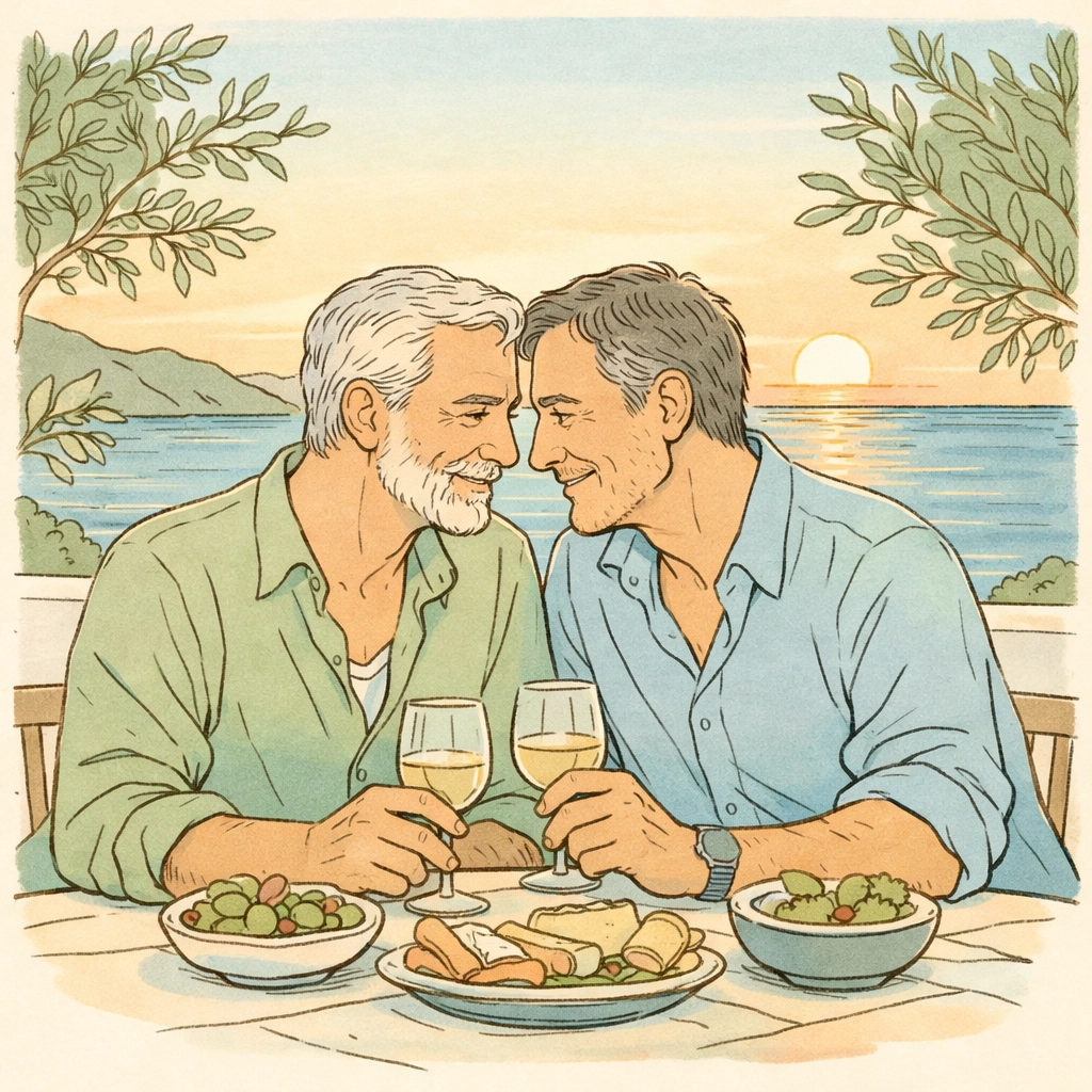 Older gay couple sharing romantic meal at Mediterranean naturist resort