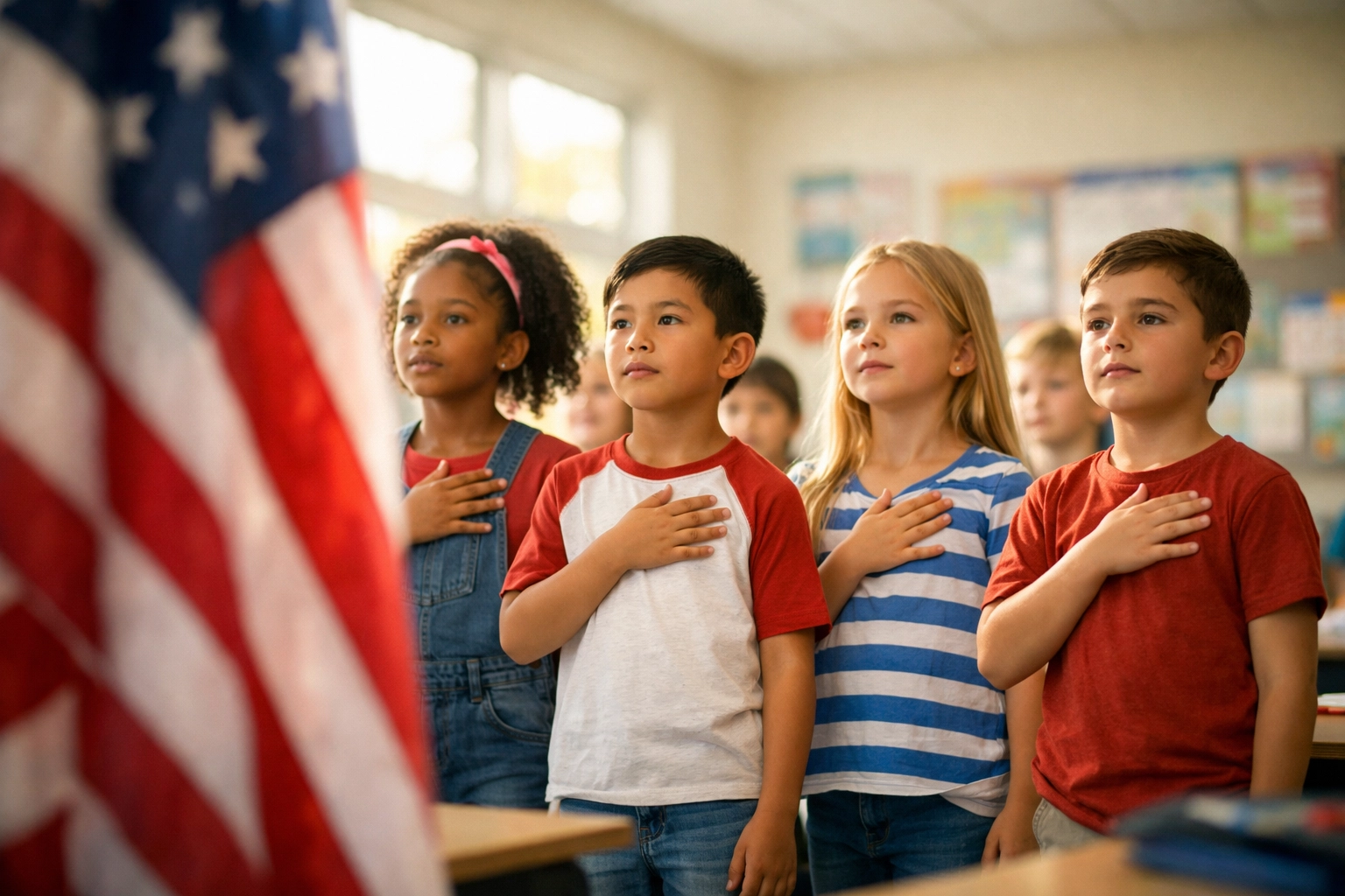 Students reciting Pledge of Allegiance in classroom with American flag during civics education lesson