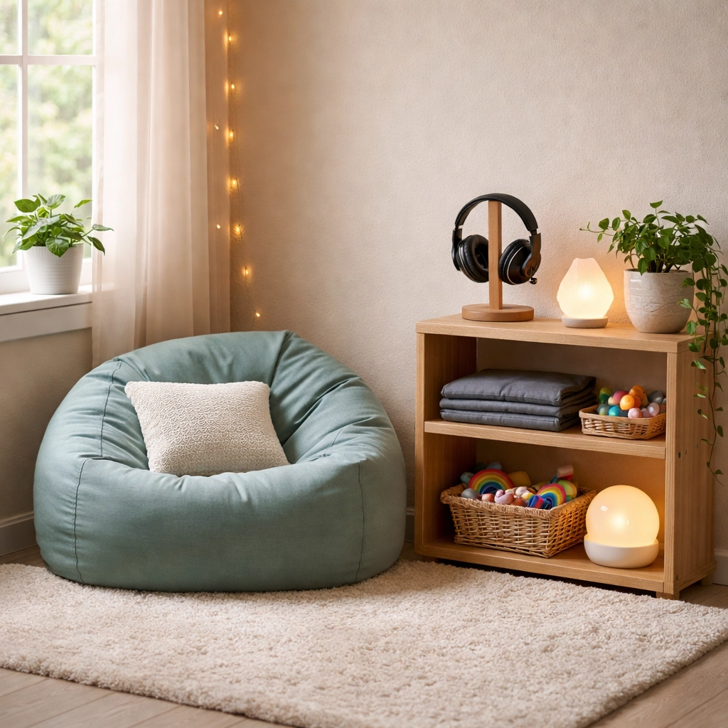 Calming sensory-friendly corner with regulation tools for children with sensory sensitivities