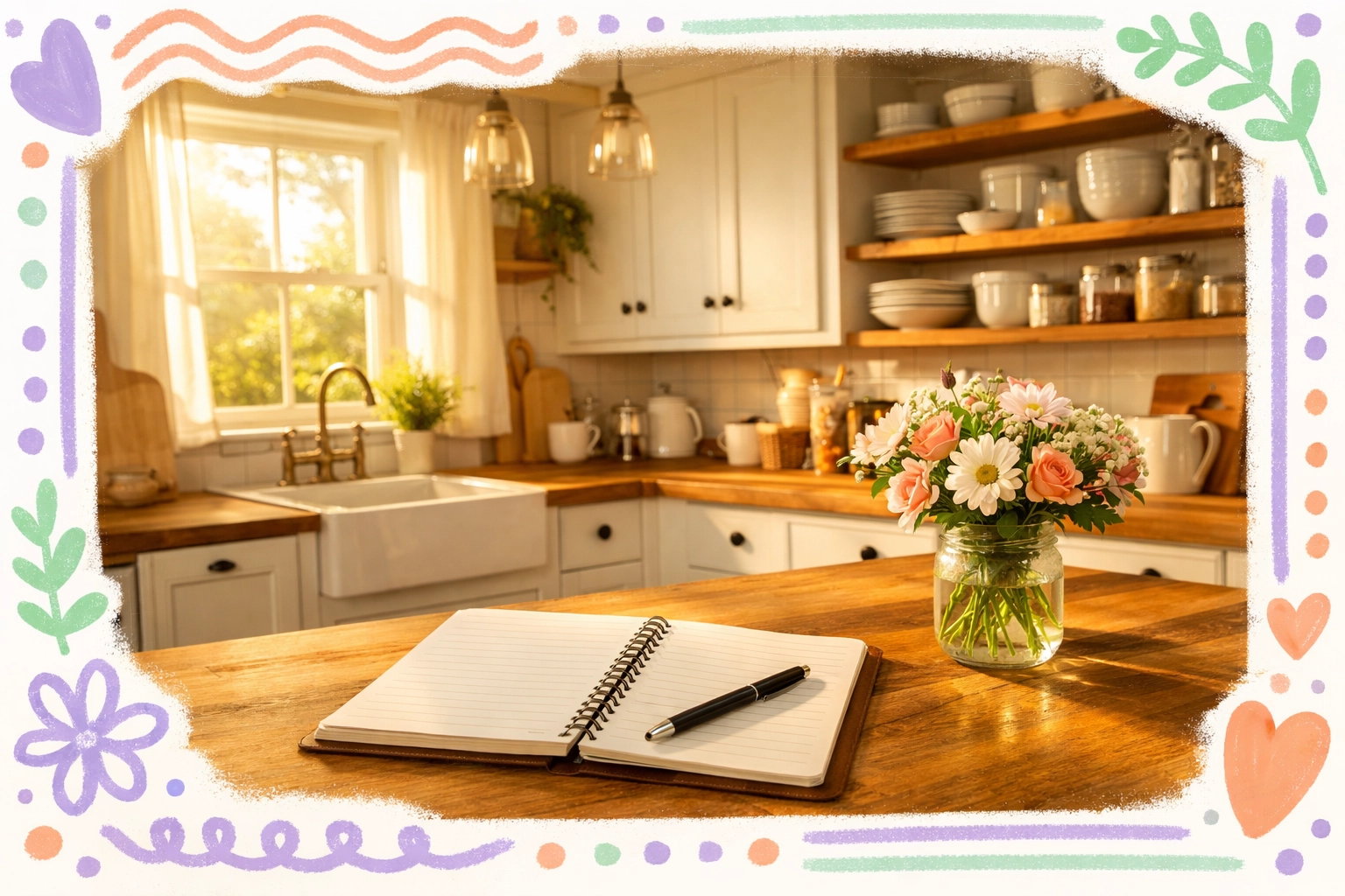 Farmhouse kitchen with planning notebook symbolizing home selling preparation