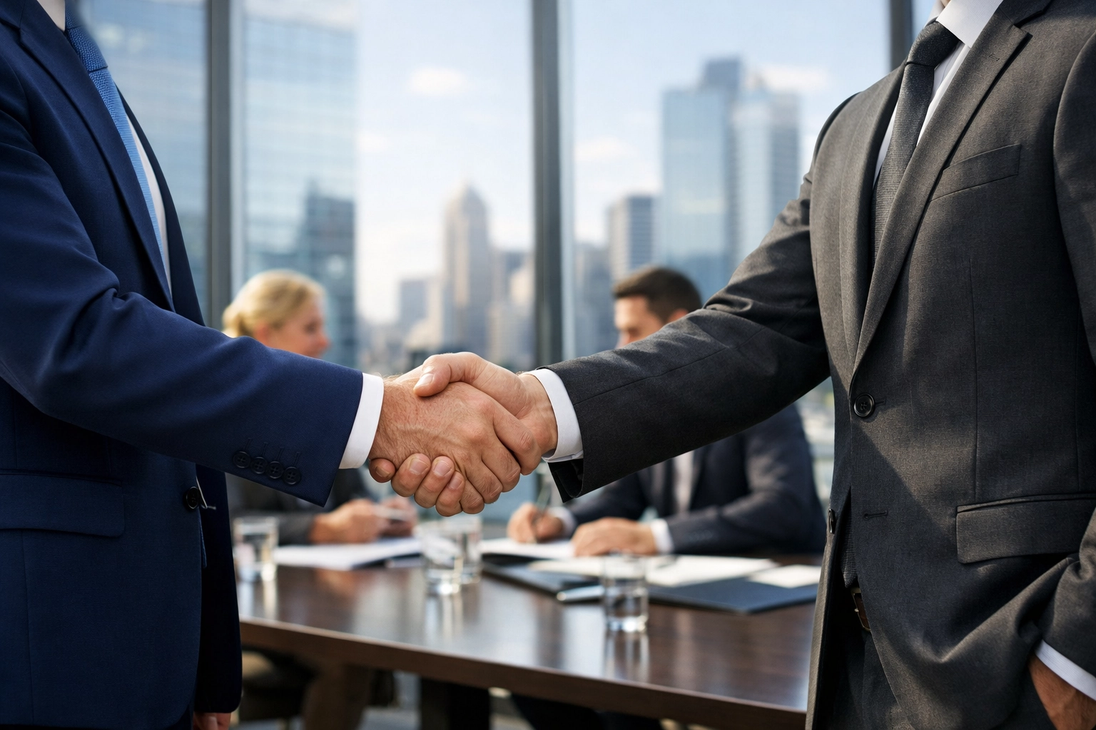 Business executives shaking hands to form strategic partnership for global market expansion