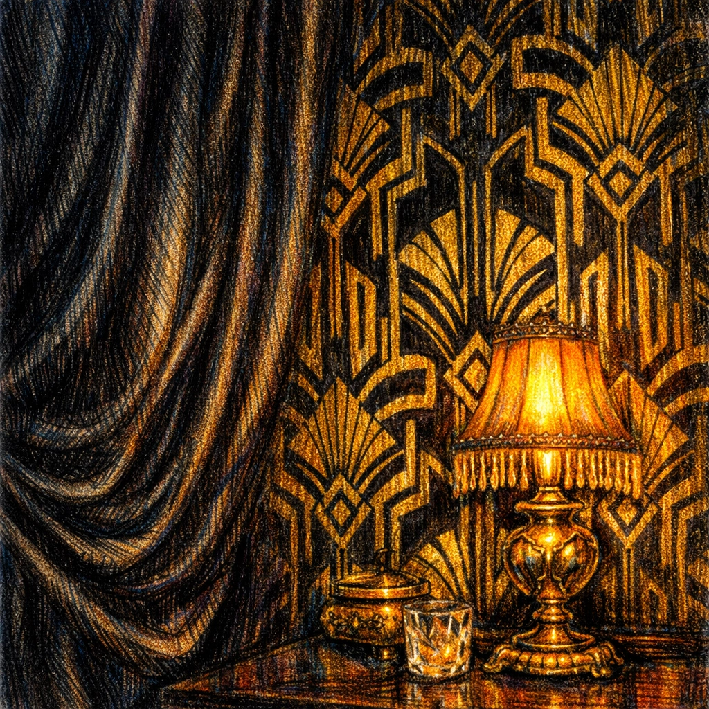 Maximalist boutique hotel interior design featuring gold geometric patterns and moody jewel box lighting.