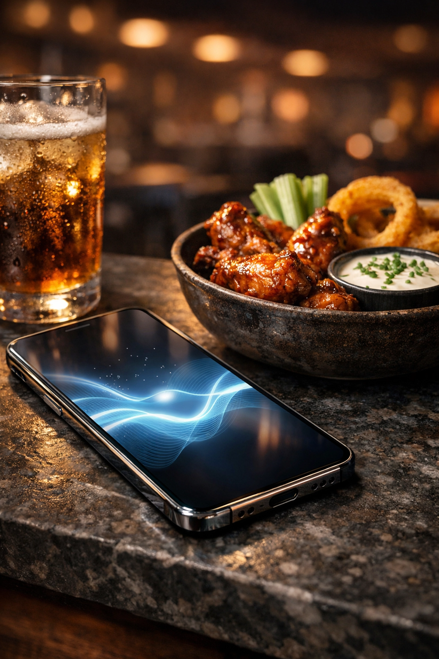 AI-powered sports marketing app on a smartphone alongside gourmet game-day snacks and drinks.