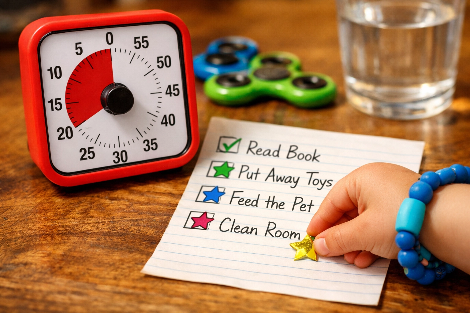 A red visual timer and star-marked checklist providing executive function coaching support for kids.