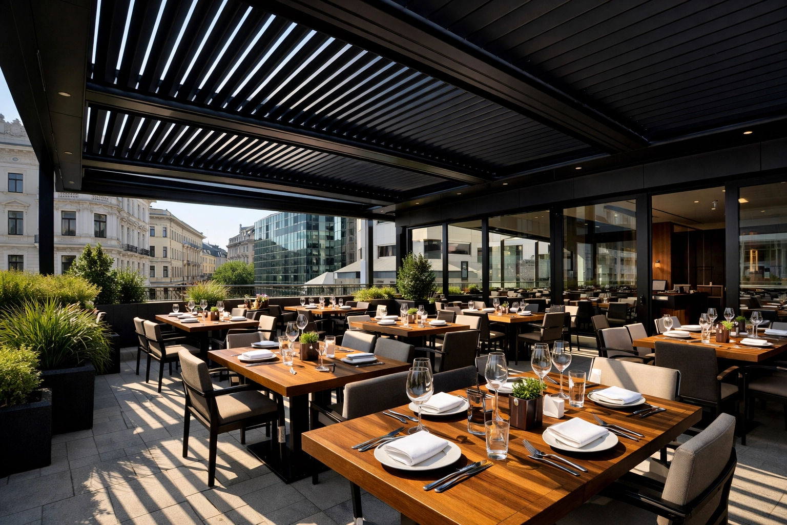 Modernes Lamellendach in Schwarz für eine exklusive Gastronomie-Terrasse in Wien.