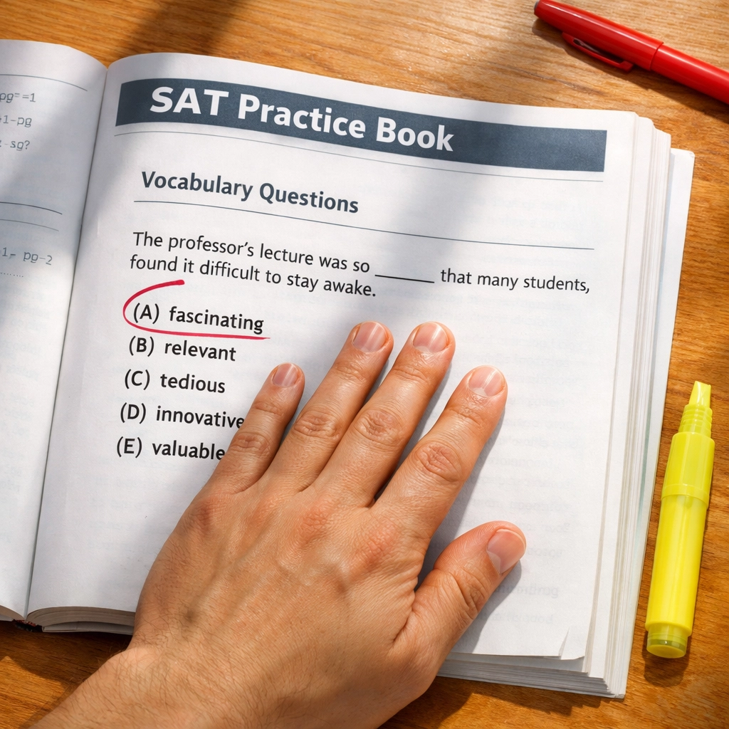 Student covering SAT answer choices while studying vocabulary in context questions