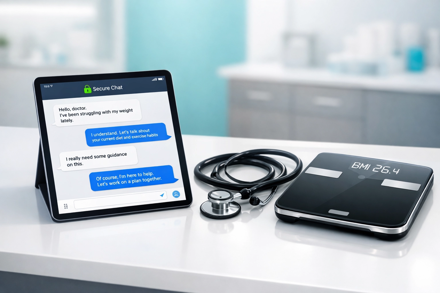 Digital tablet showing secure doctor chat with a stethoscope and scale for online medical weight loss evaluations.