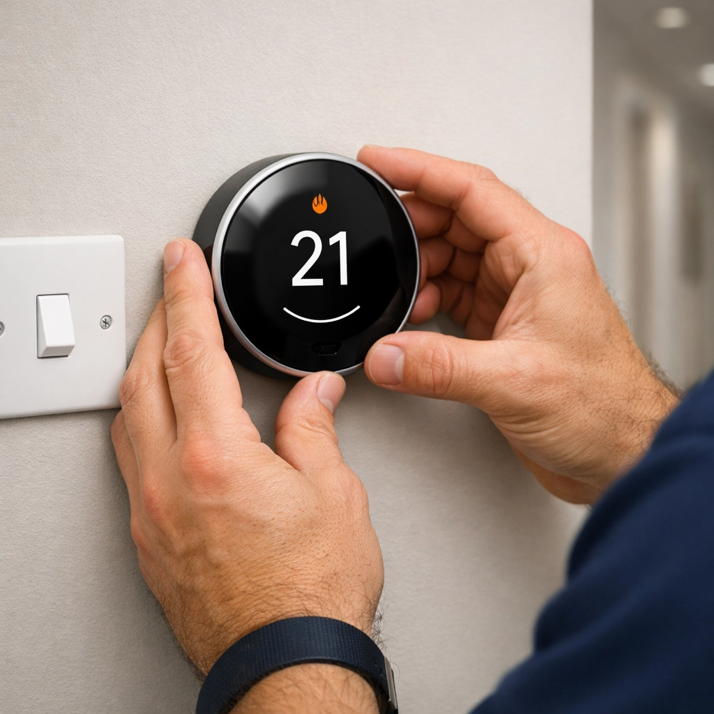 A professional electrician in Dorset installing a smart thermostat to help a homeowner save on energy bills.