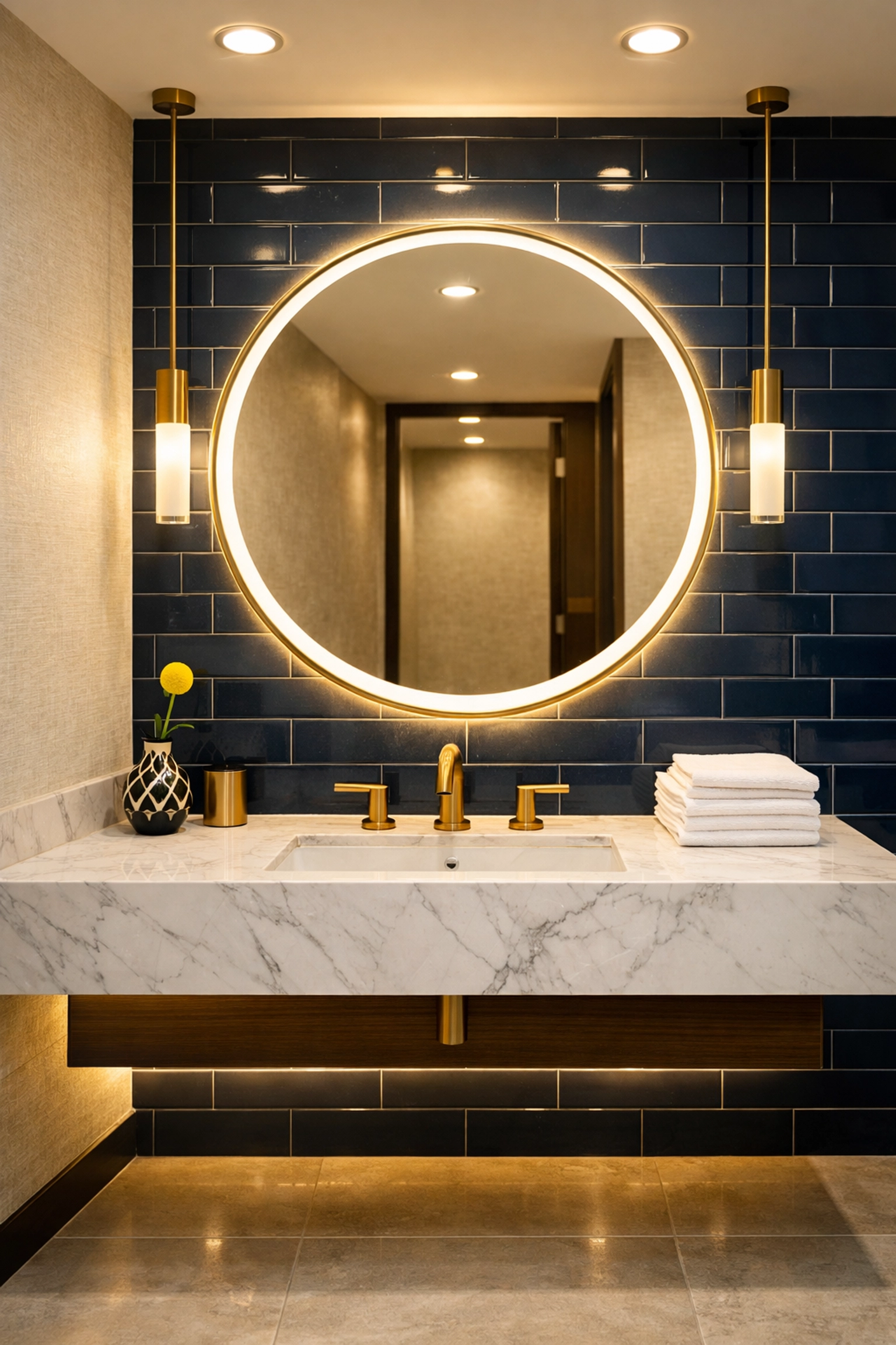 Immaculate luxury commercial restroom featuring a marble vanity and clean navy blue tiles for small businesses.
