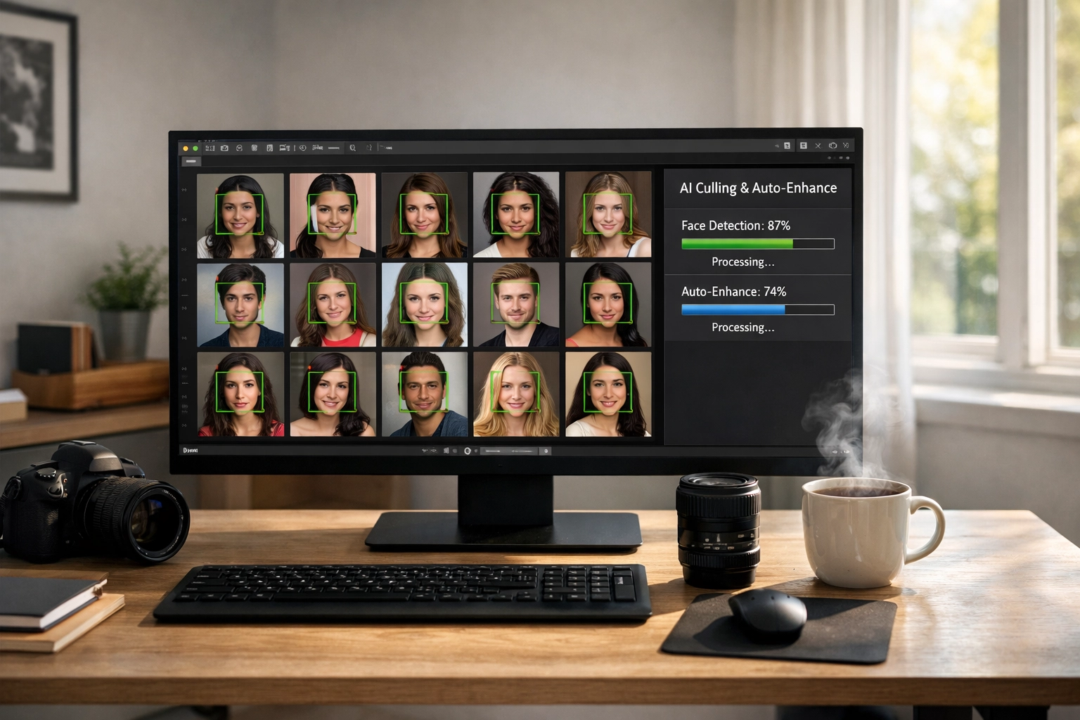 Modern editing workspace demonstrating AI-powered photography news software culling and grading portraits.