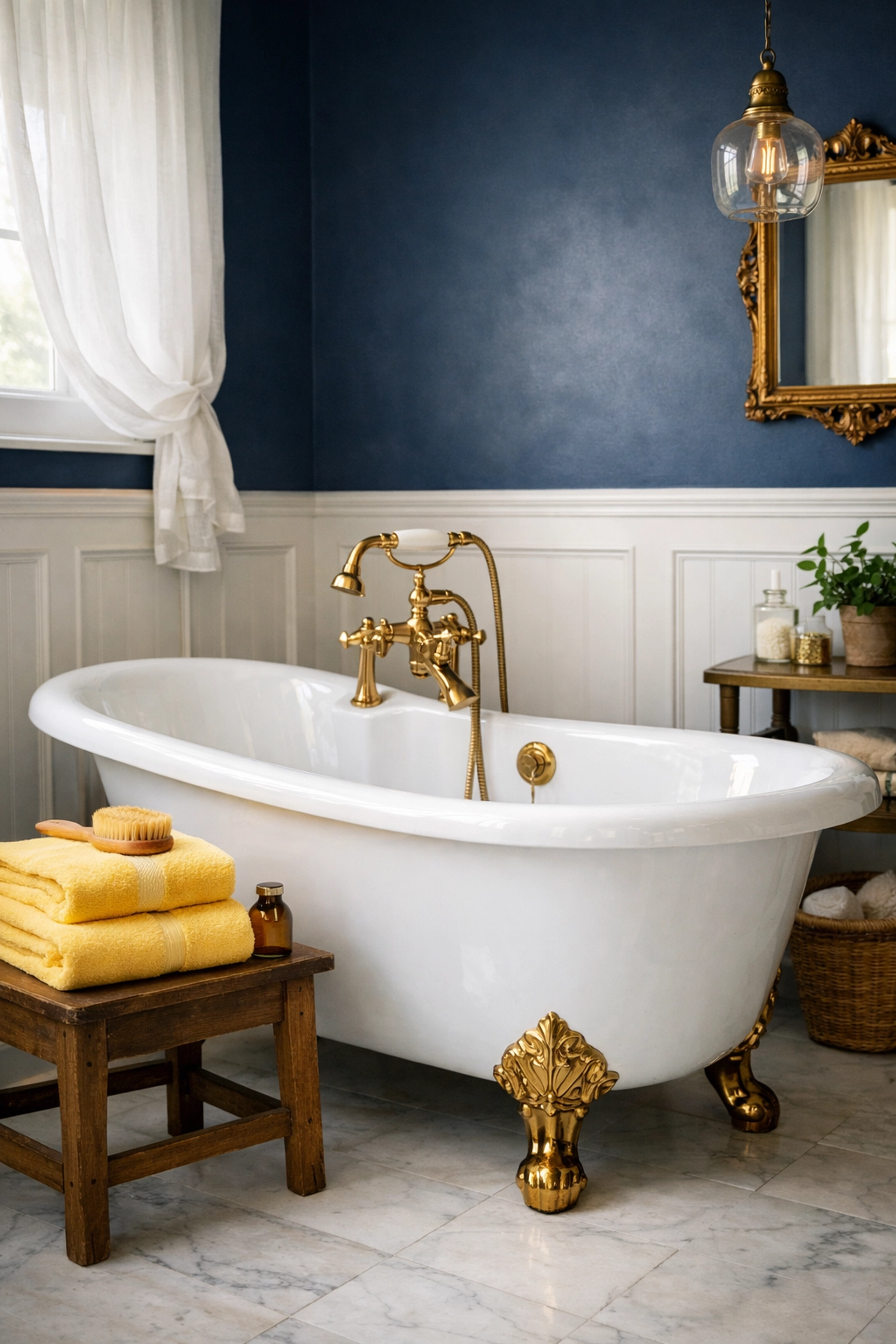Sparkling white porcelain clawfoot tub in a restored historic Lunenburg bathroom with eco-friendly finishes.