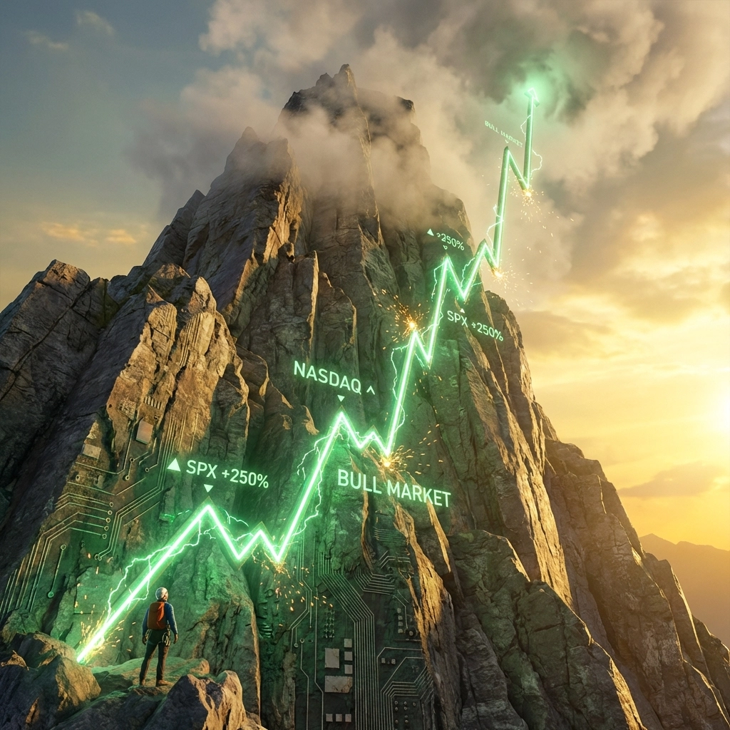 Stock market chart ascending a steep mountain symbolizes the recent uninterrupted market rally.