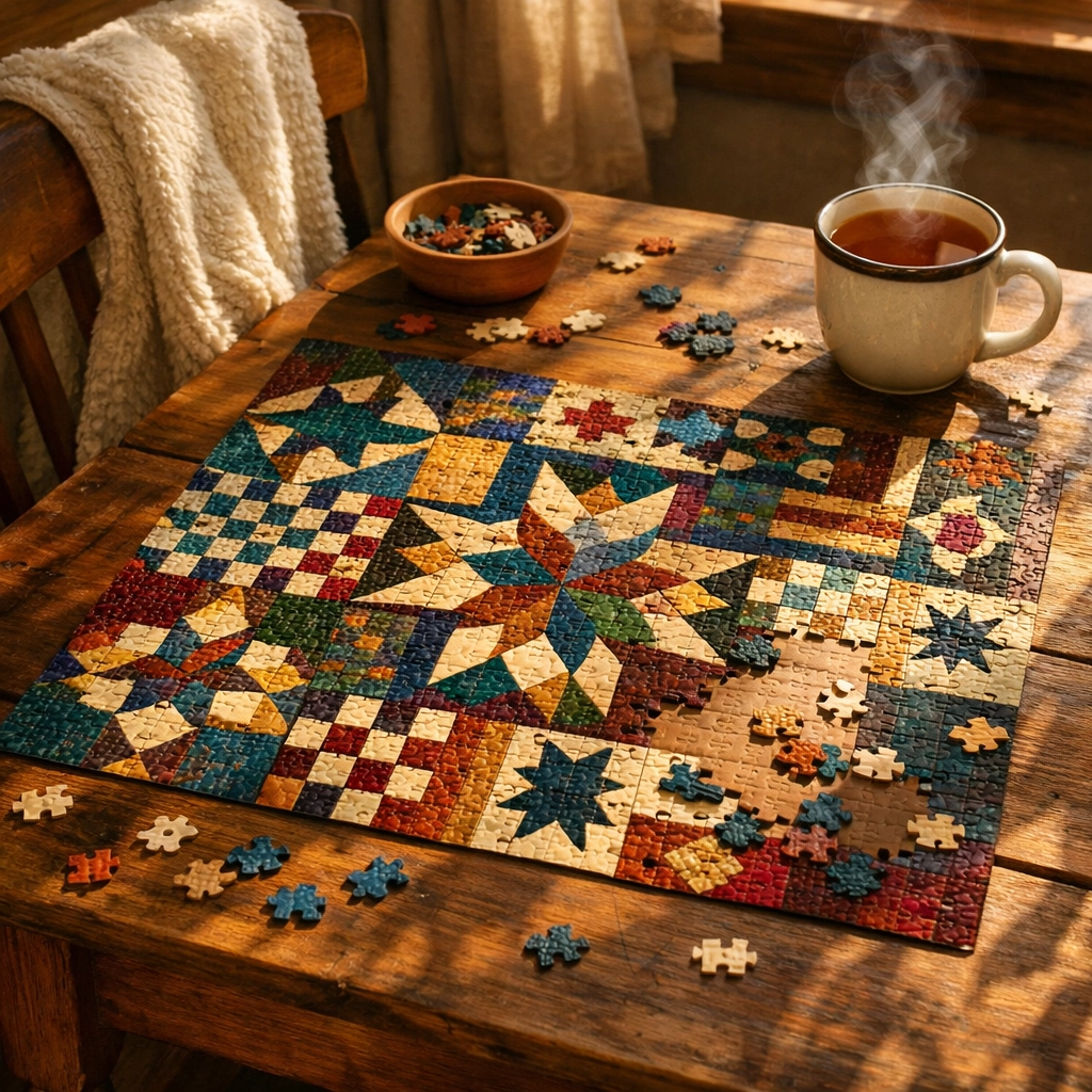 Quilt pattern jigsaw puzzle in progress with tea on table for relaxing craft time
