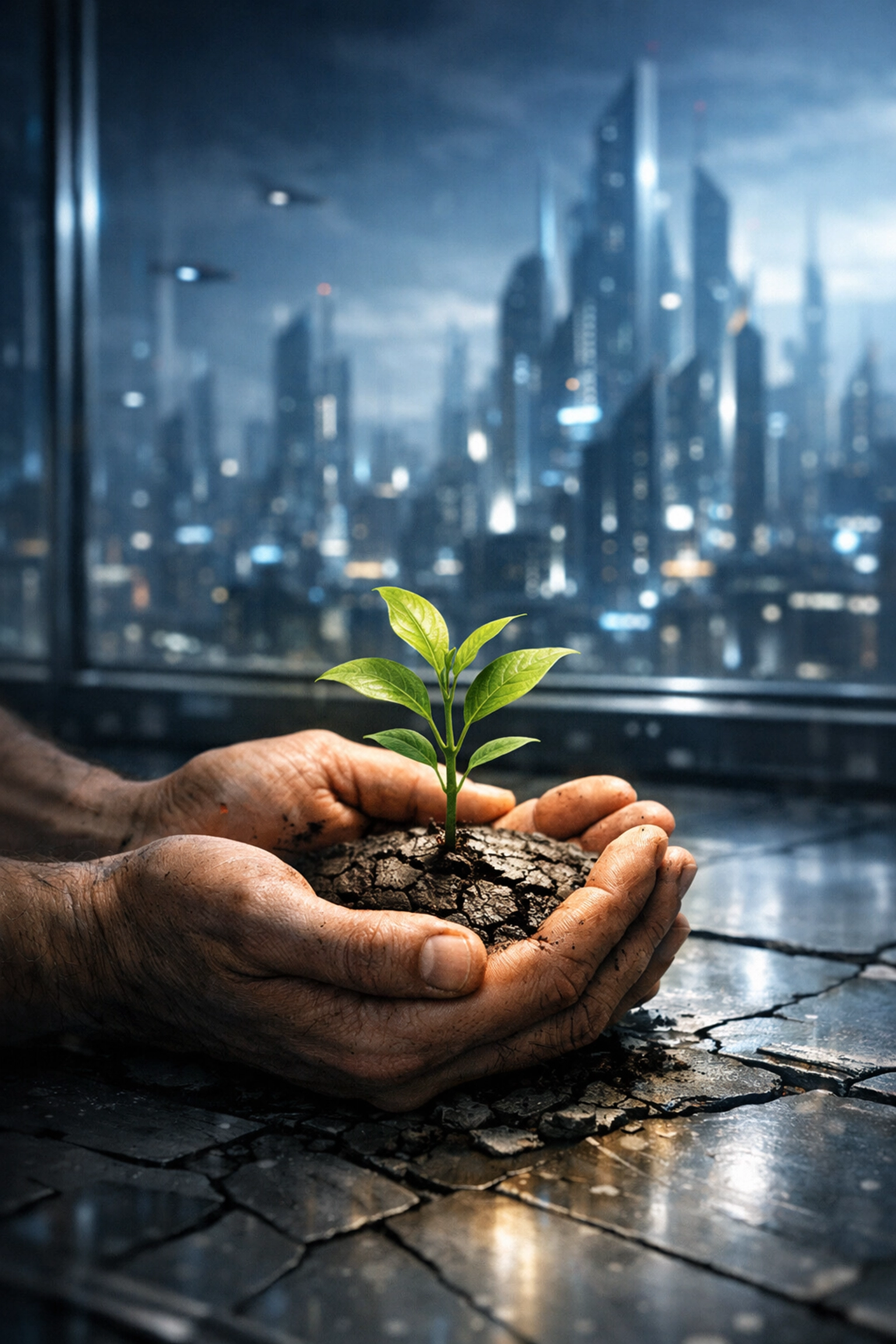 Human hands protecting a plant in a futuristic city, capturing the human element found in the best sci-fi books.