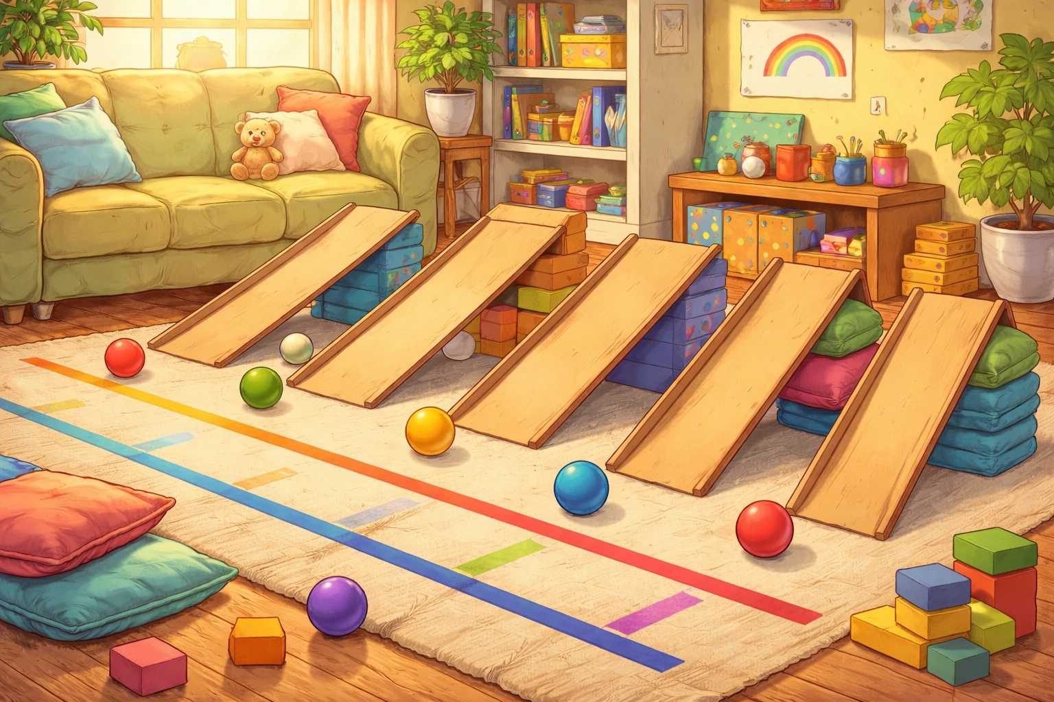 Living room scene with multiple homemade cardboard ball ramps, colorful tape markers, and scattered bouncy balls