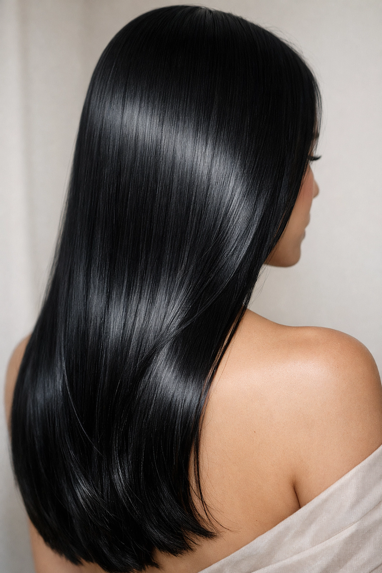 Sleek and glossy velvet-ribbon black hair with a high-shine finish for a healthy, dimensional look.