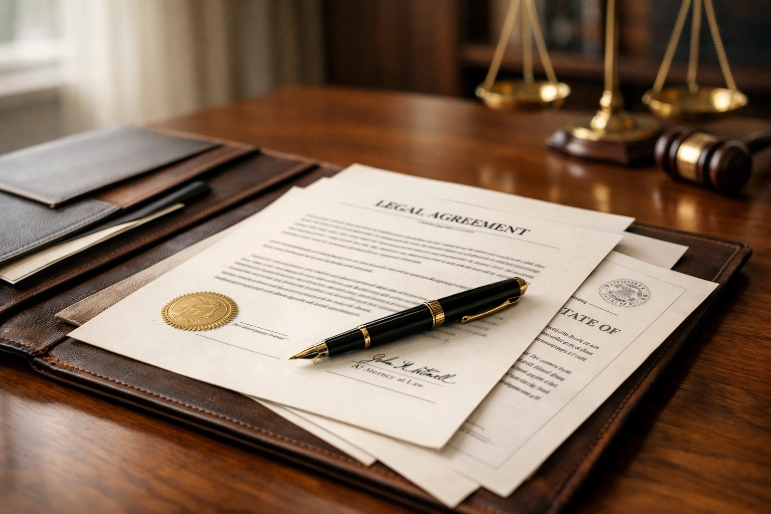 Texas divorce decree documents on law office desk with pen