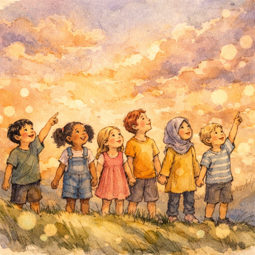 Children looking up at beautiful sky with wonder and hope about Jesus' return