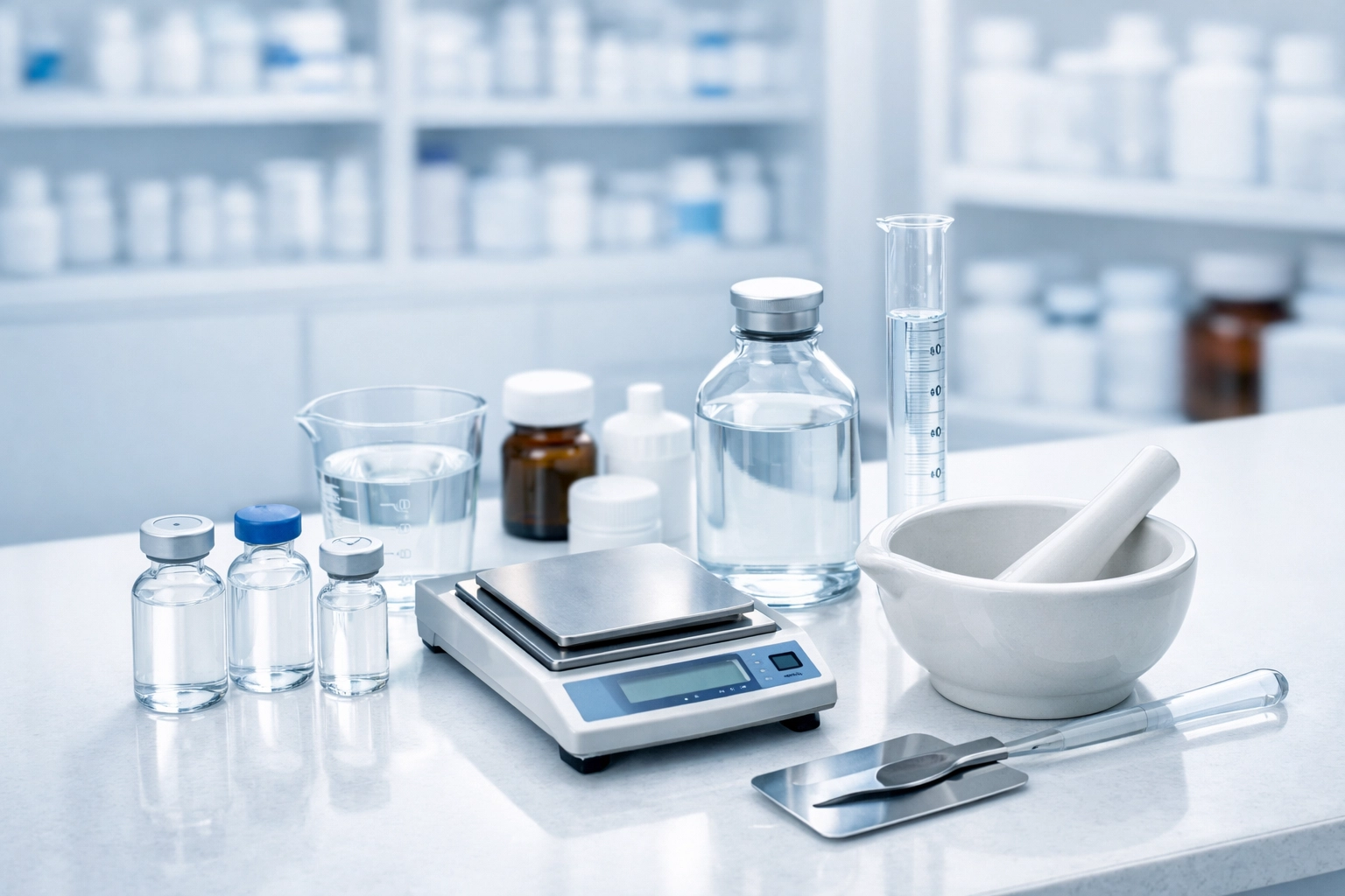 Compounding pharmacy workspace preparing customized weight loss medications