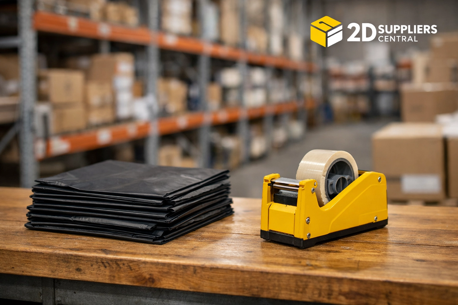 Warehouse packing station with shipping mailers and industrial shelving for wholesale supplier inventory.