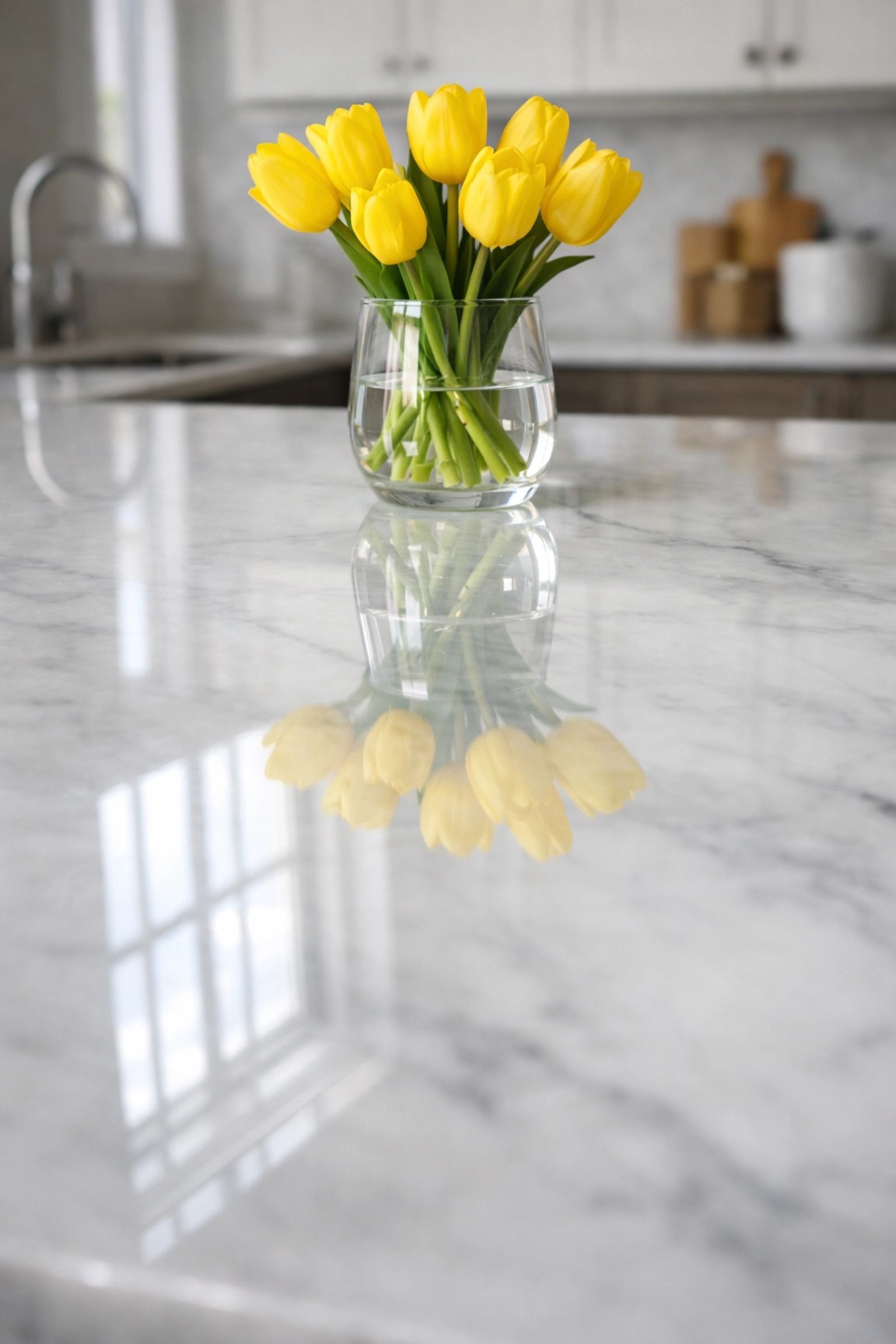 A sparkling white marble kitchen island with a professional Lowell House Cleaning finish and fresh flowers.