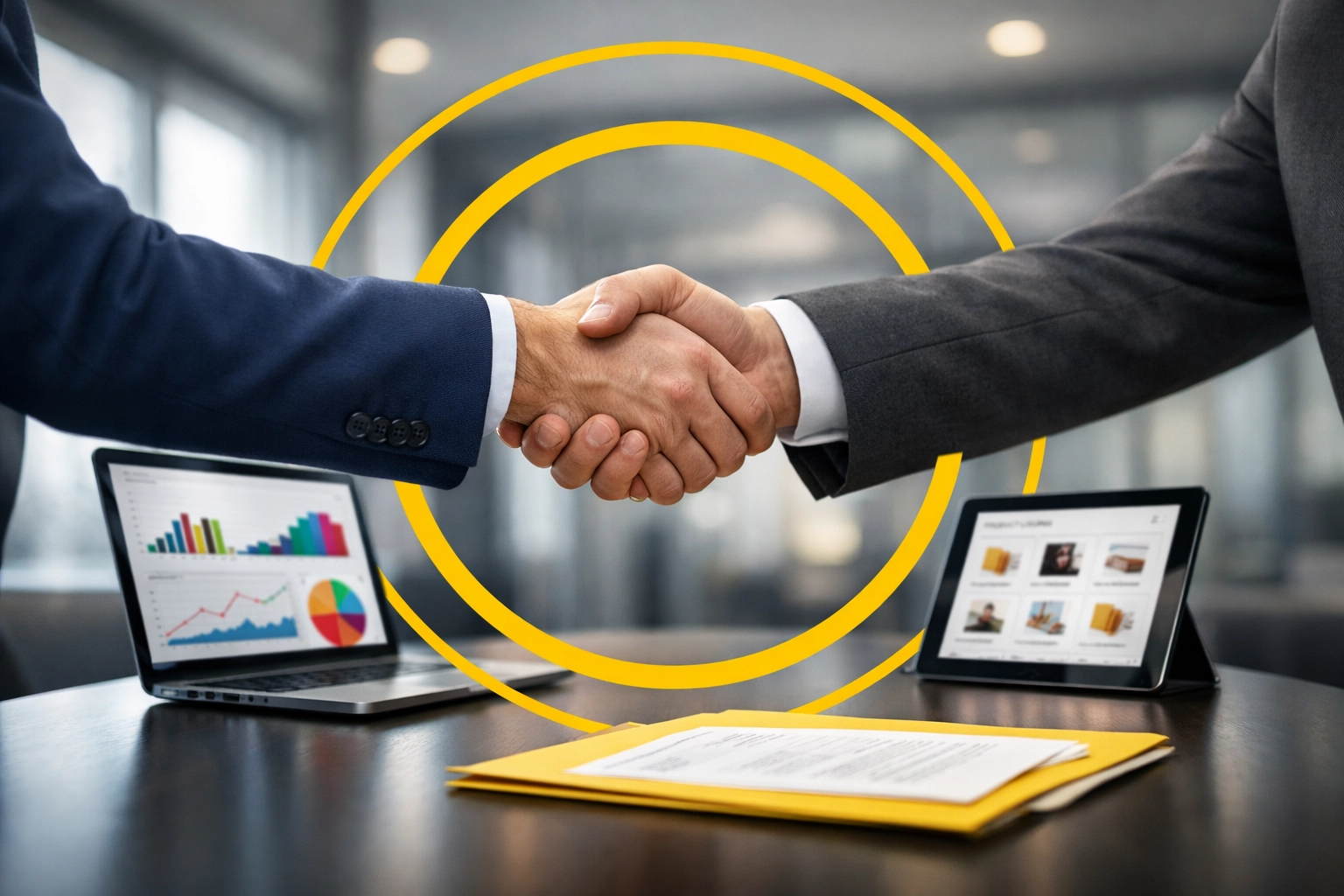 Amazon agency partnership handshake with performance data and analytics on display