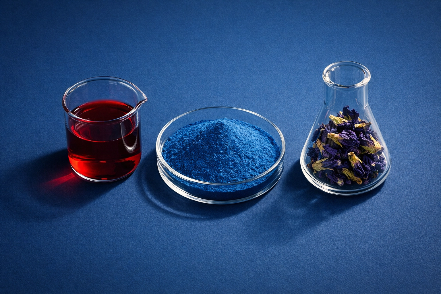 Laboratory vessels containing natural beetroot red, spirulina extract, and butterfly pea flower pigments.