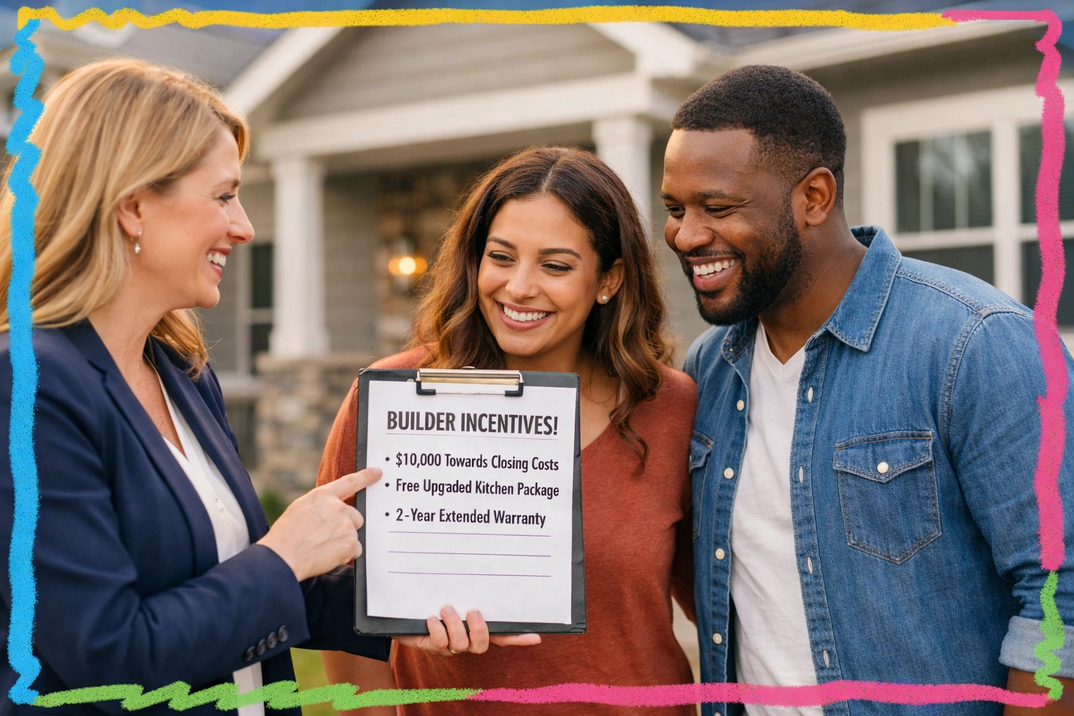 Couple reviewing builder incentives with realtor for new construction home purchase Couple reviewing builder incentives with realtor for new construction home purchase
