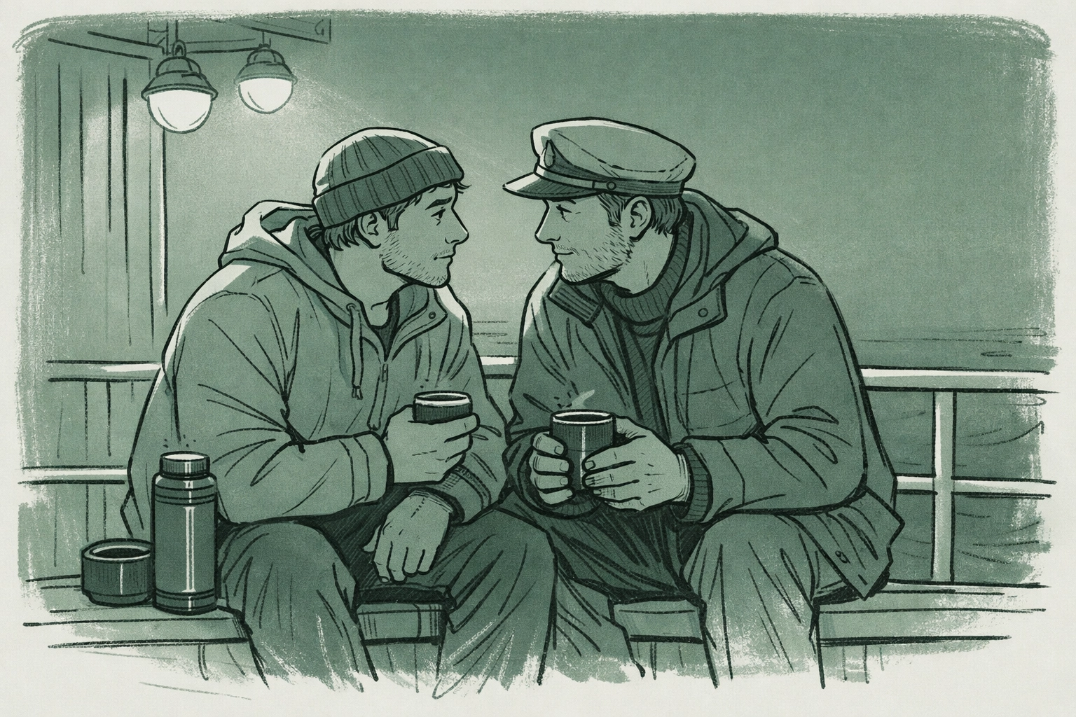 Two sailors sharing coffee and intimate conversation on ship railing at 3 AM