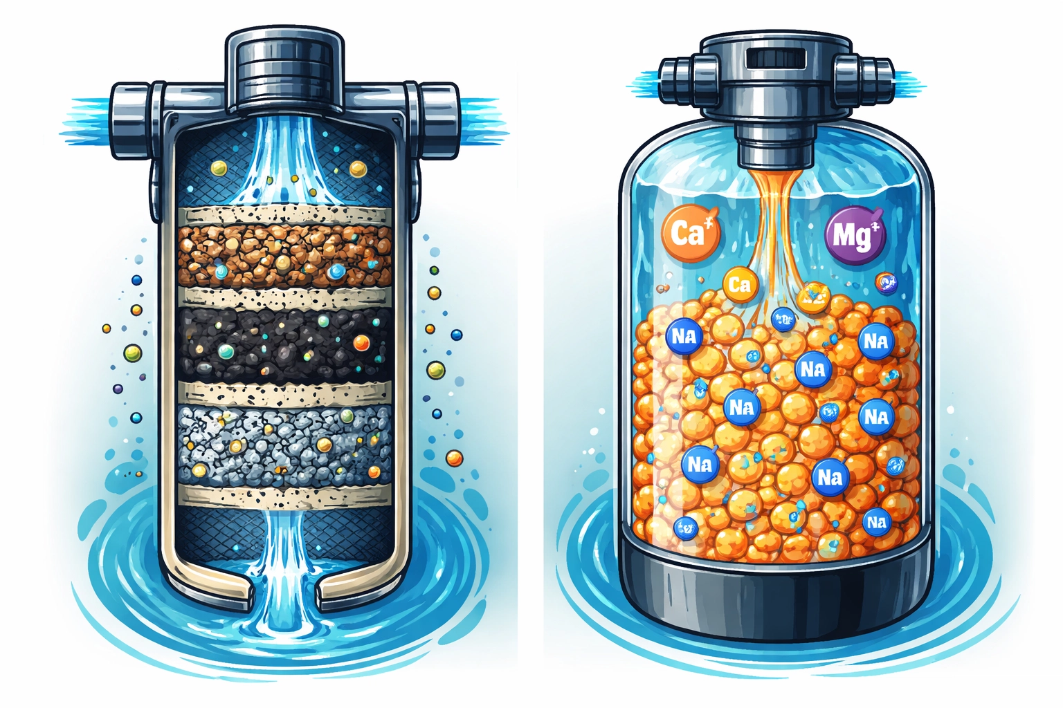 Diagram comparing RV water filter removing contaminants and RV water softener reducing hard water minerals