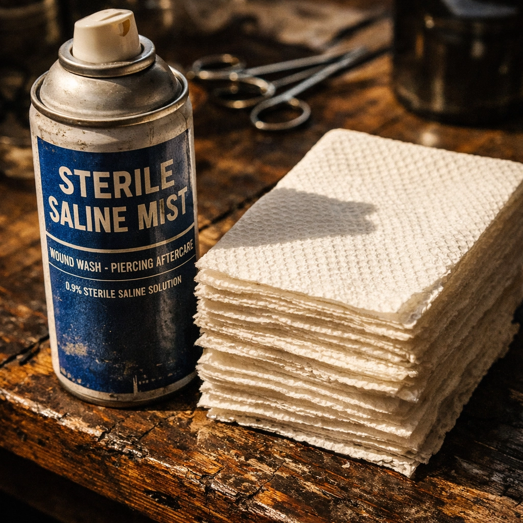 Professional aftercare instructions supplies including sterile saline spray and clean paper towels.