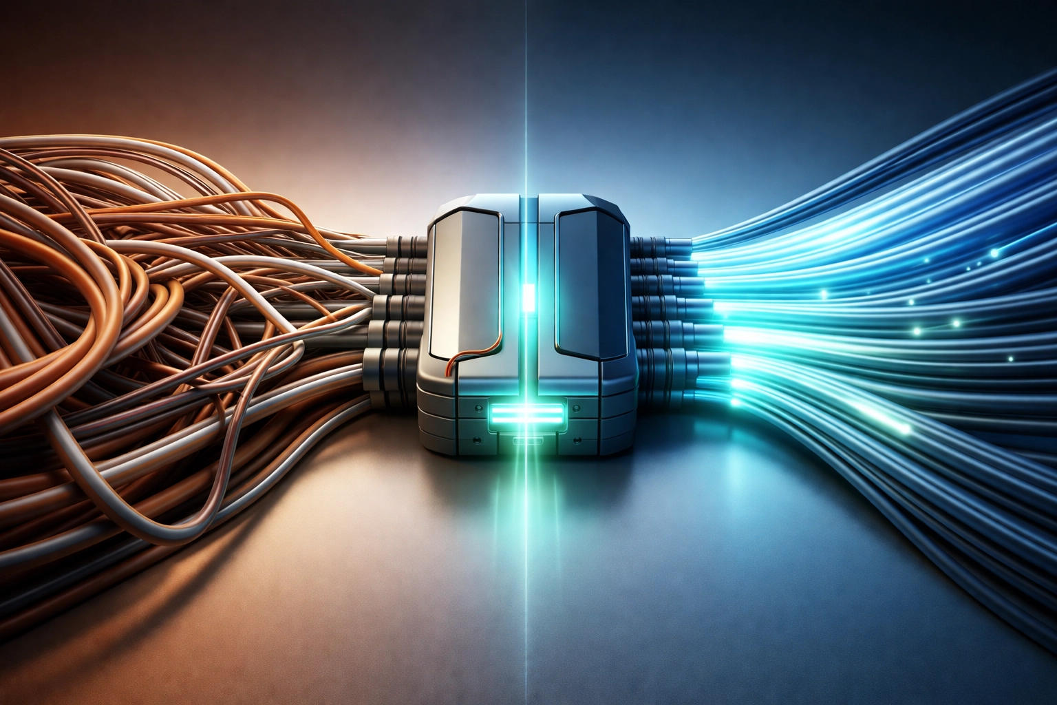 Split-view of legacy copper phone cables transitioning into modern fiber optics, representing integration of analog and digital communication systems