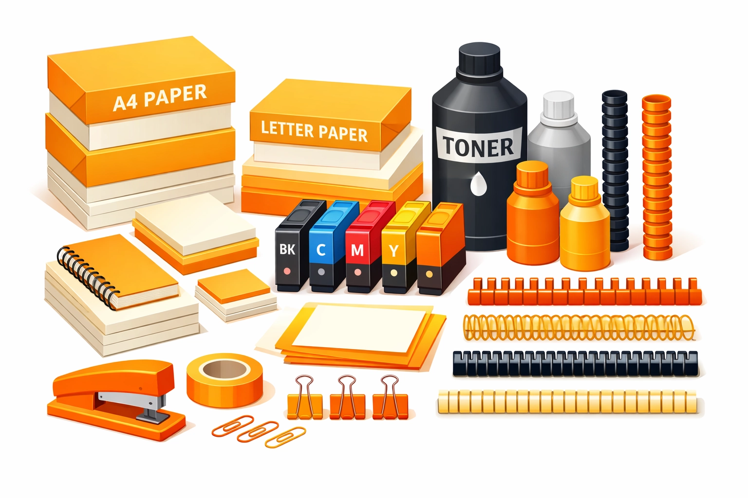 Print shop inventory including paper stock, ink cartridges, and supplies