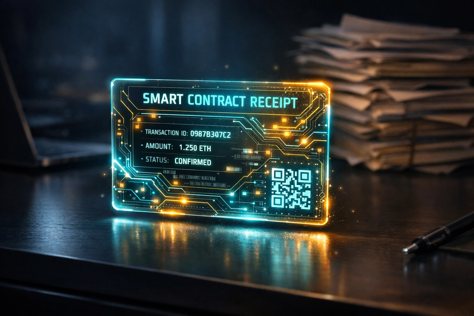 Holographic smart contract receipt illustrating a digital audit trail for Web3 global payments and NFT receipts.