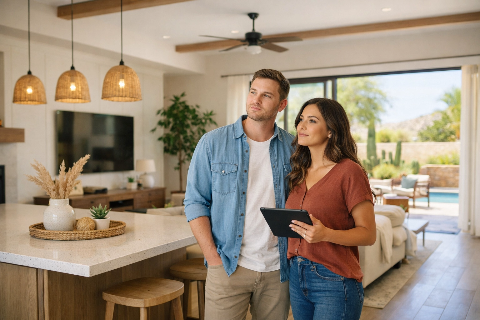Young couple viewing a modern Phoenix home interior, reflecting 2026 balanced market buyer trends and more choice.