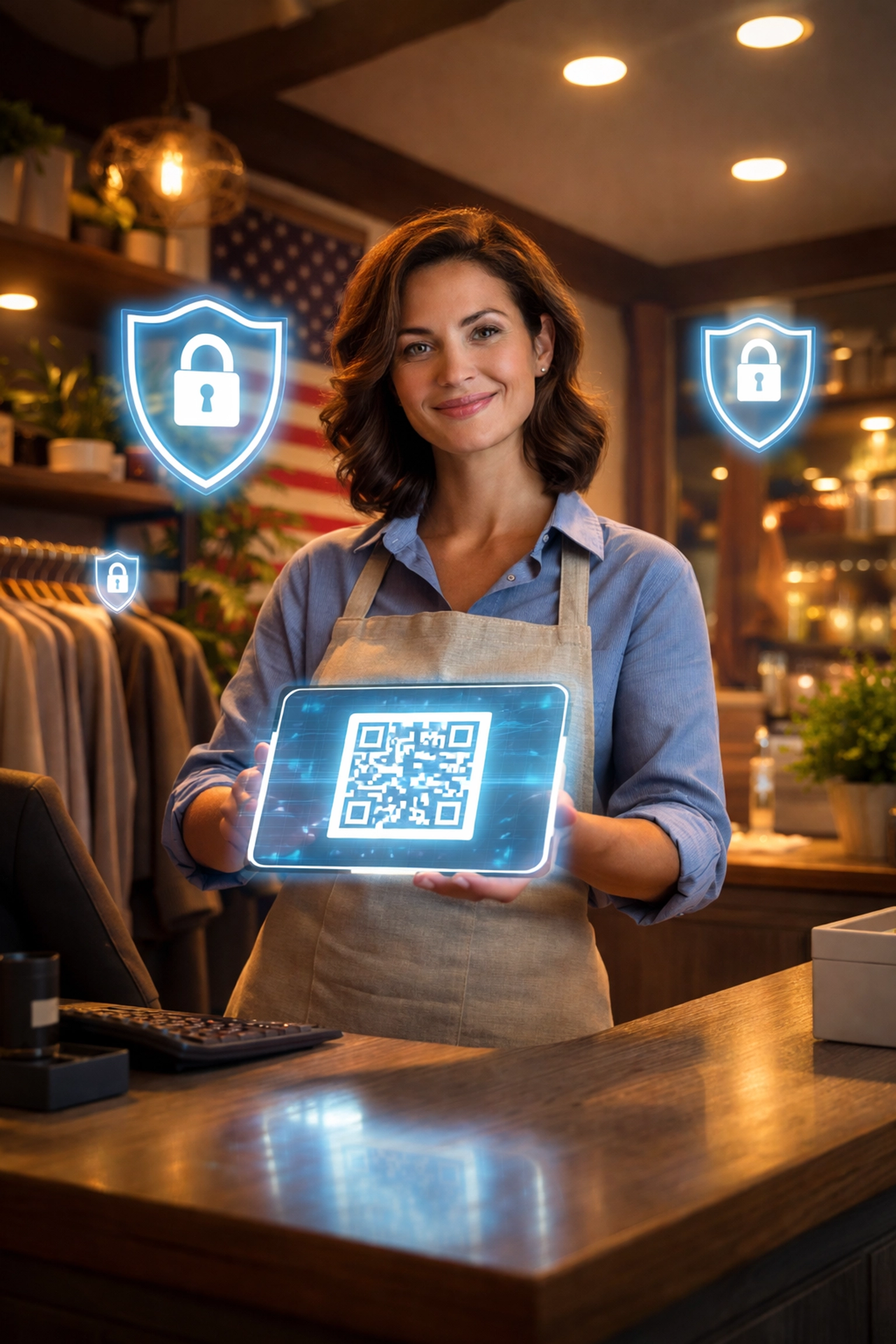 Small business owner at shop counter holding a QR code tablet, emphasizing Larecoin crypto payments and US regulatory compliance.