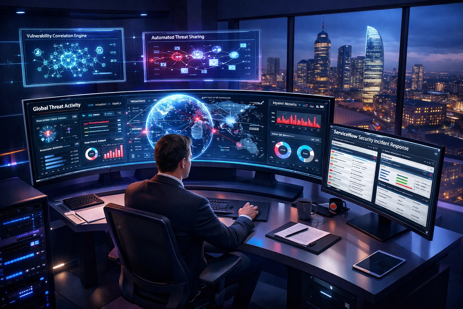 Cybersecurity operations center with ServiceNow threat intelligence and incident response dashboards