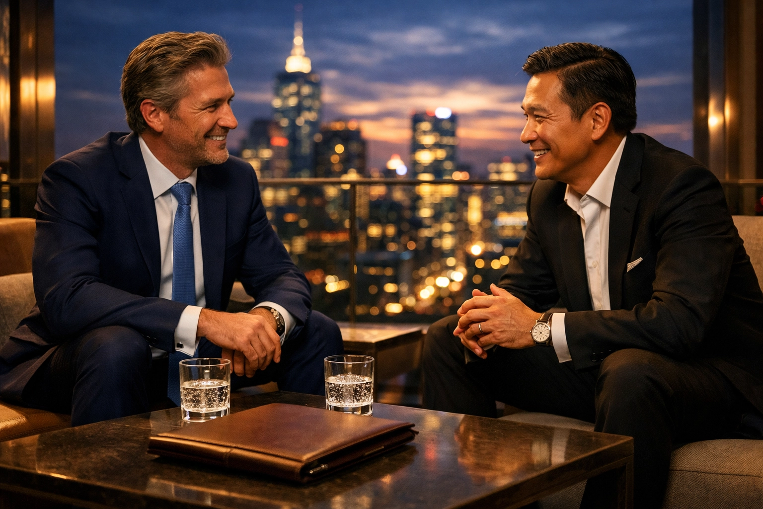 Executives in a professional conversation at a rooftop lounge during a Super Bowl VIP hosting event.