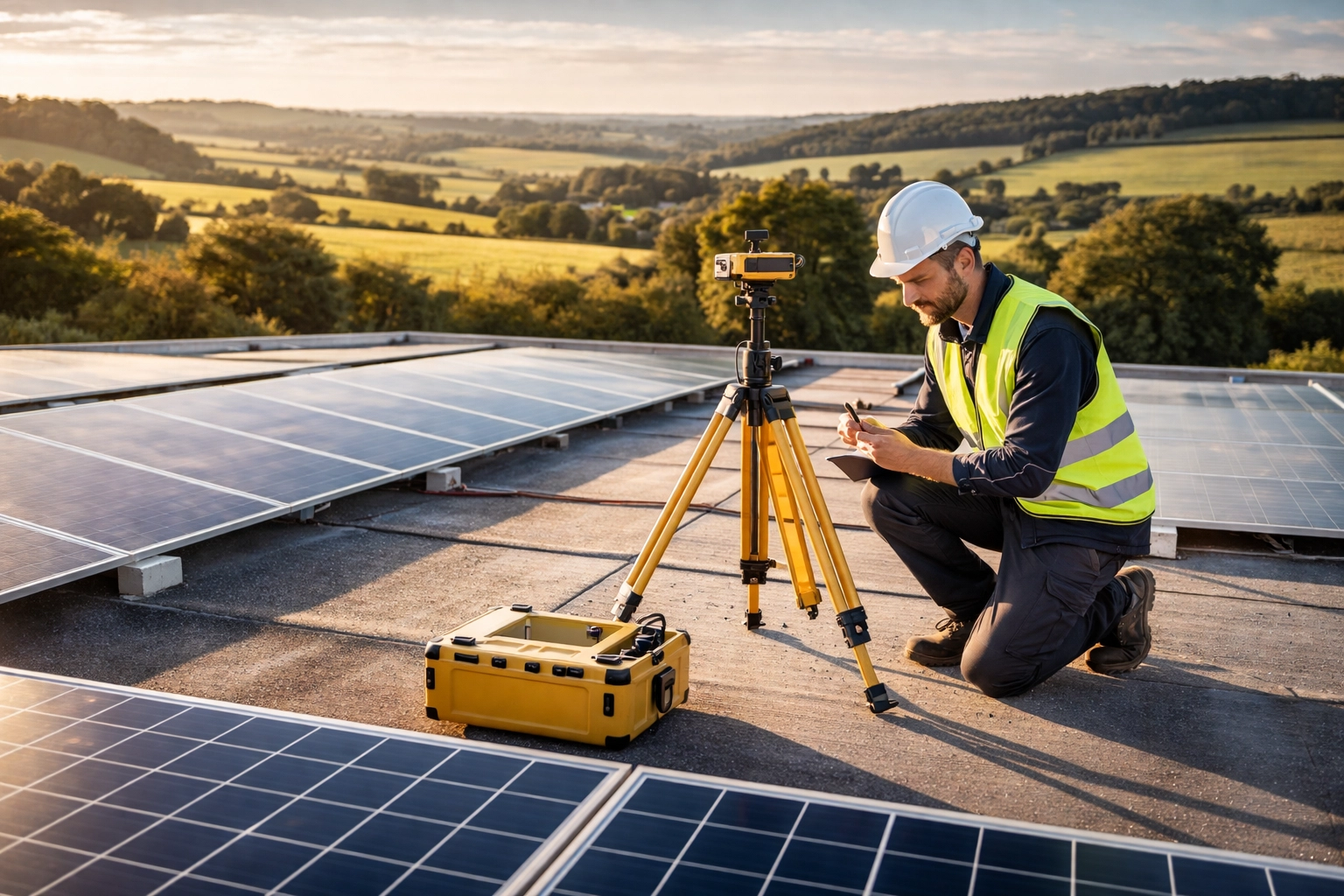 Solar installation engineer conducting a site assessment for commercial panels in South West England