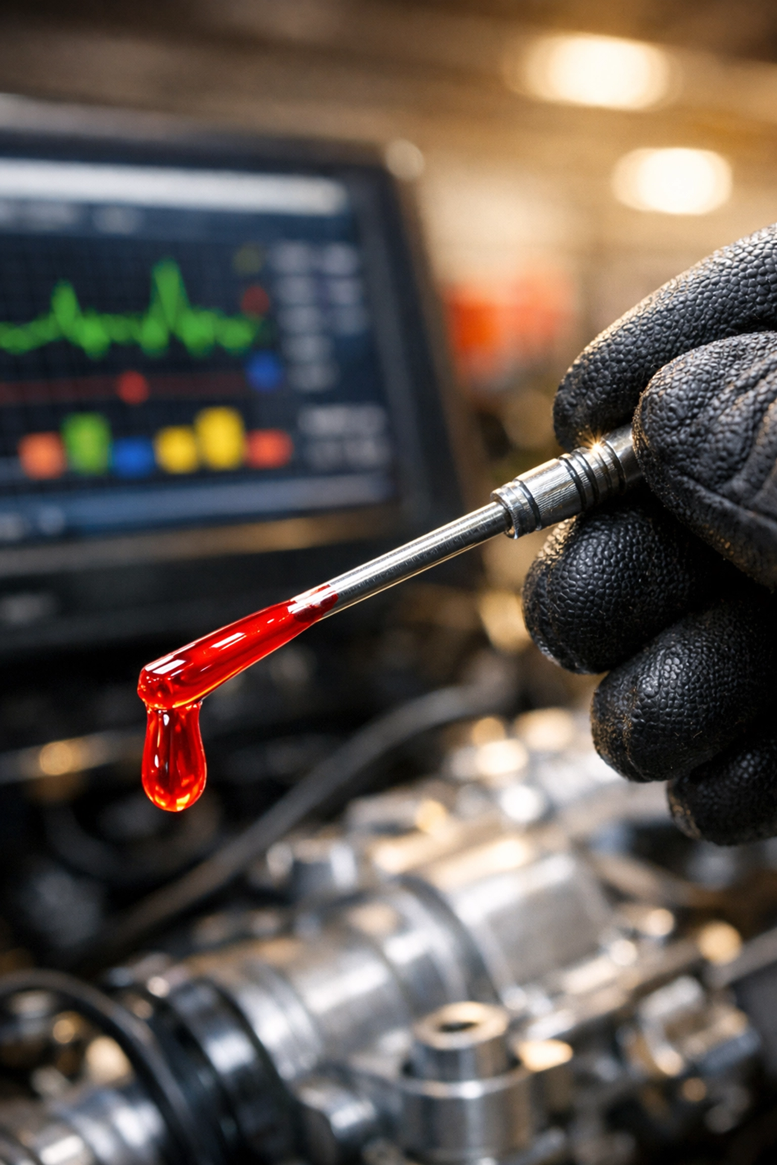 Mechanic inspecting transmission fluid quality as part of a professional engine repair service in Pantego TX.