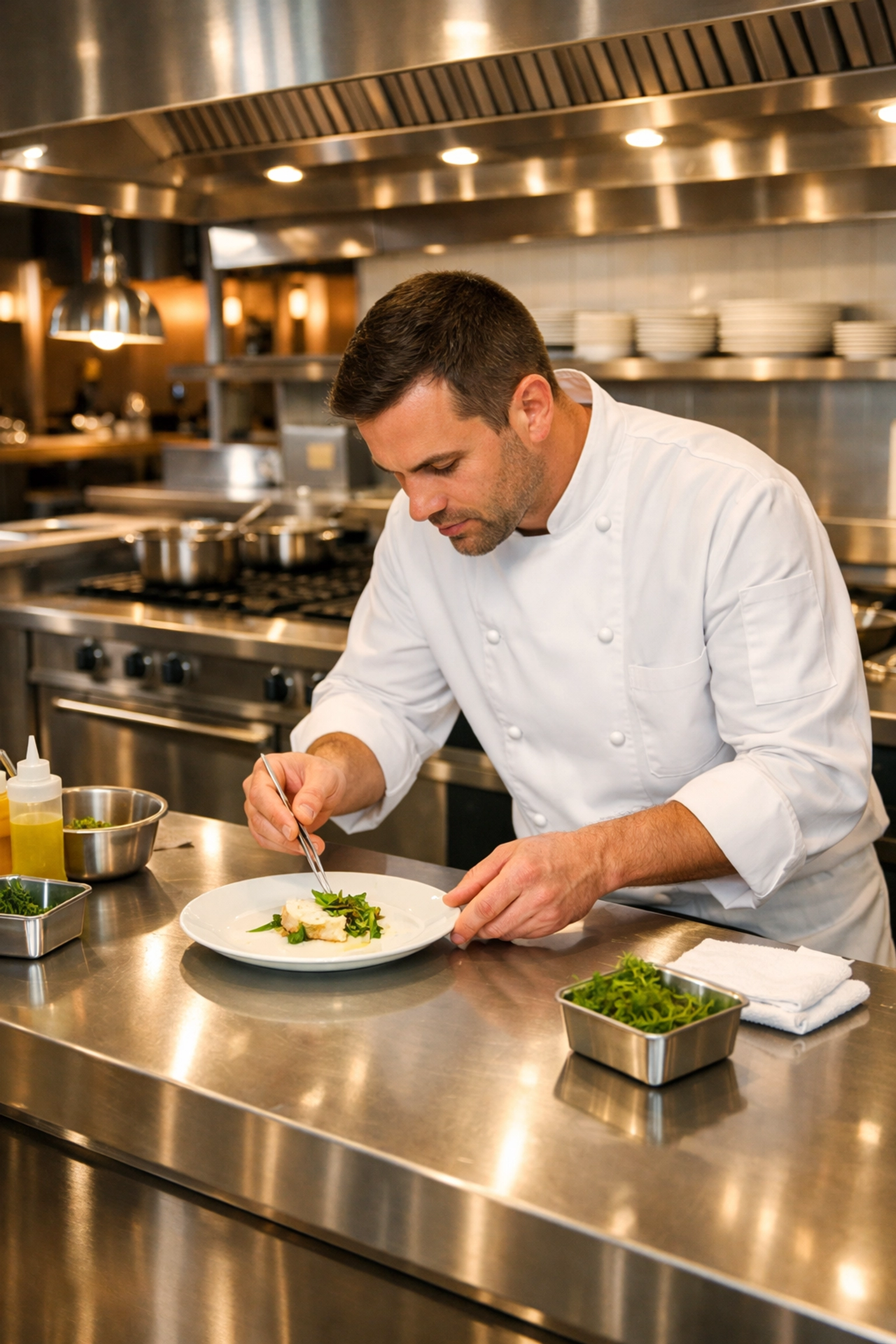Chef plating a dish in a streamlined restaurant kitchen showcasing operational efficiency and simplification