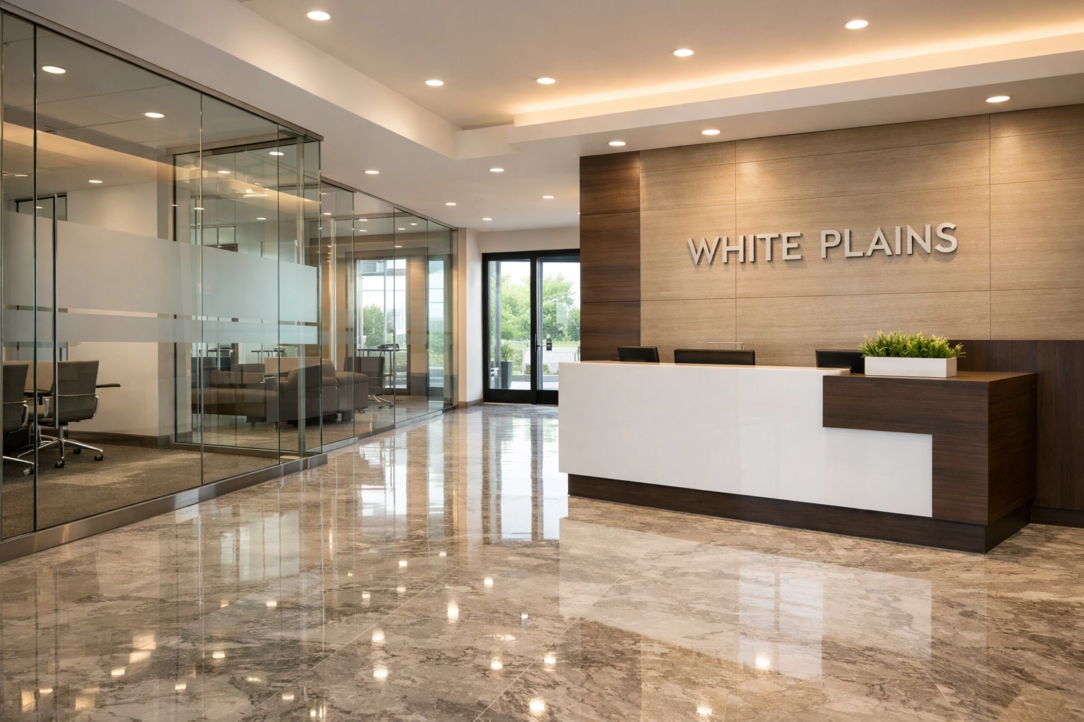 Commercial cleaning services in Westchester County NY featuring polished marble floors in a White Plains office.