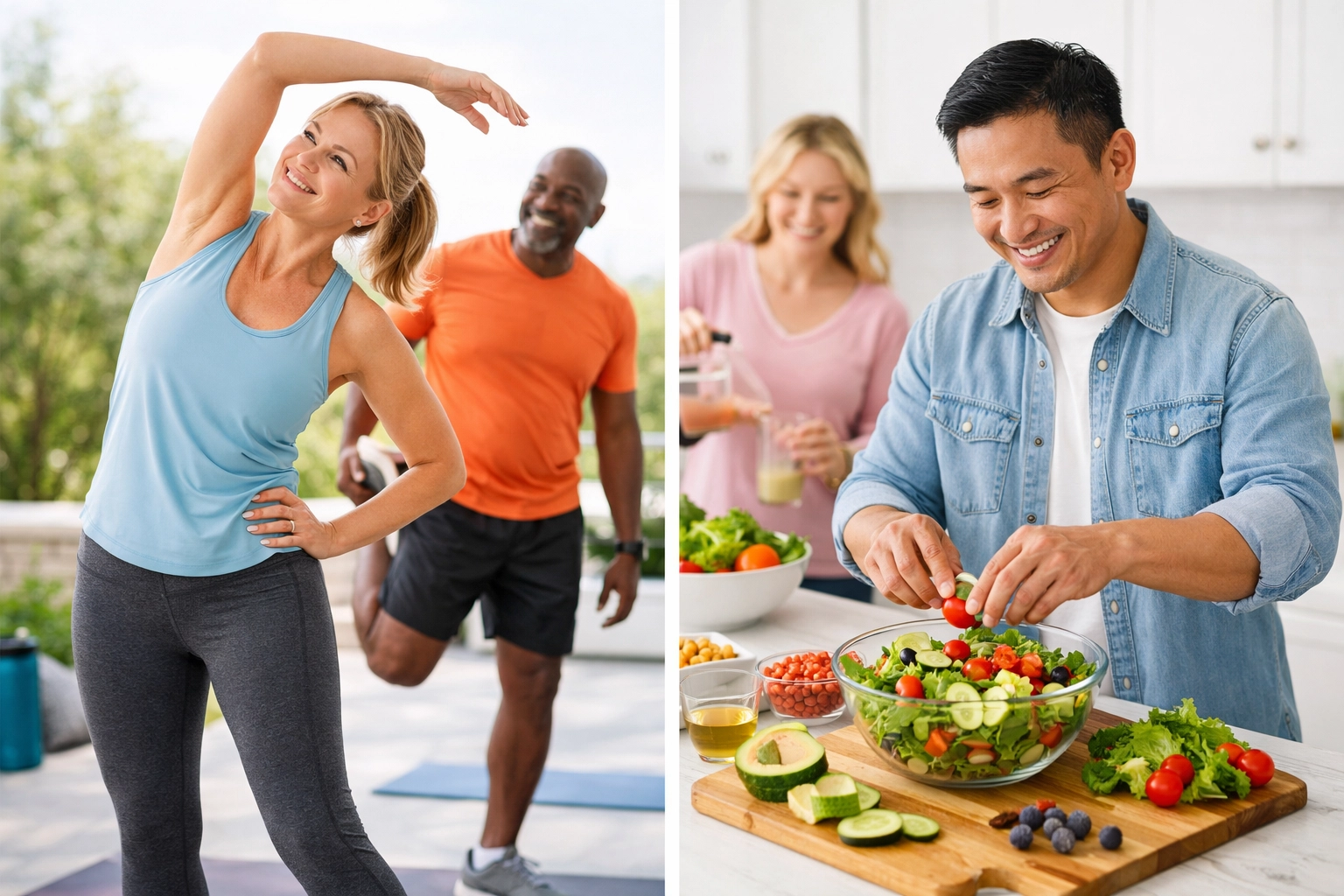 Adults engaging in healthy lifestyle activities including exercise and nutrition for weight management