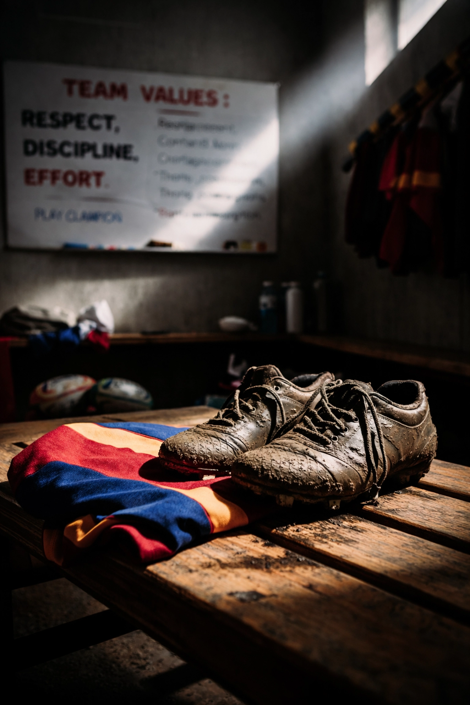 Youth rugby locker room with muddy boots, a jersey, and motivational team values for building rugby culture