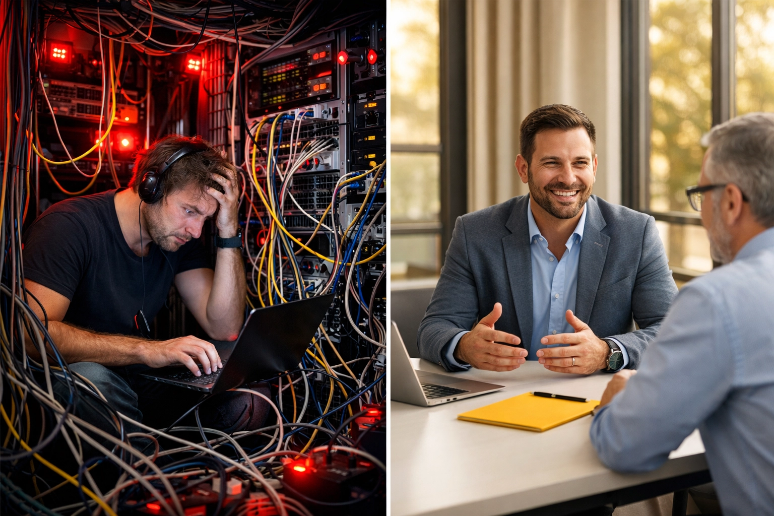 Contrast between reactive MSP support chaos and strategic partner consulting meeting