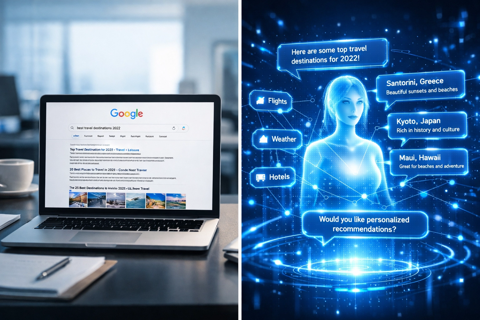 Comparison of traditional search results versus AI-powered answer engine interface