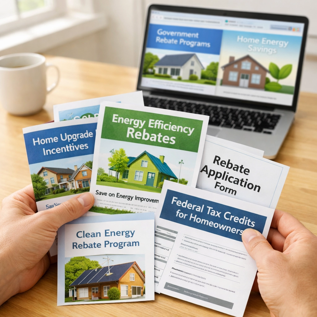 Homeowner reviewing energy rebate documents and programs for Red Deer home renovations